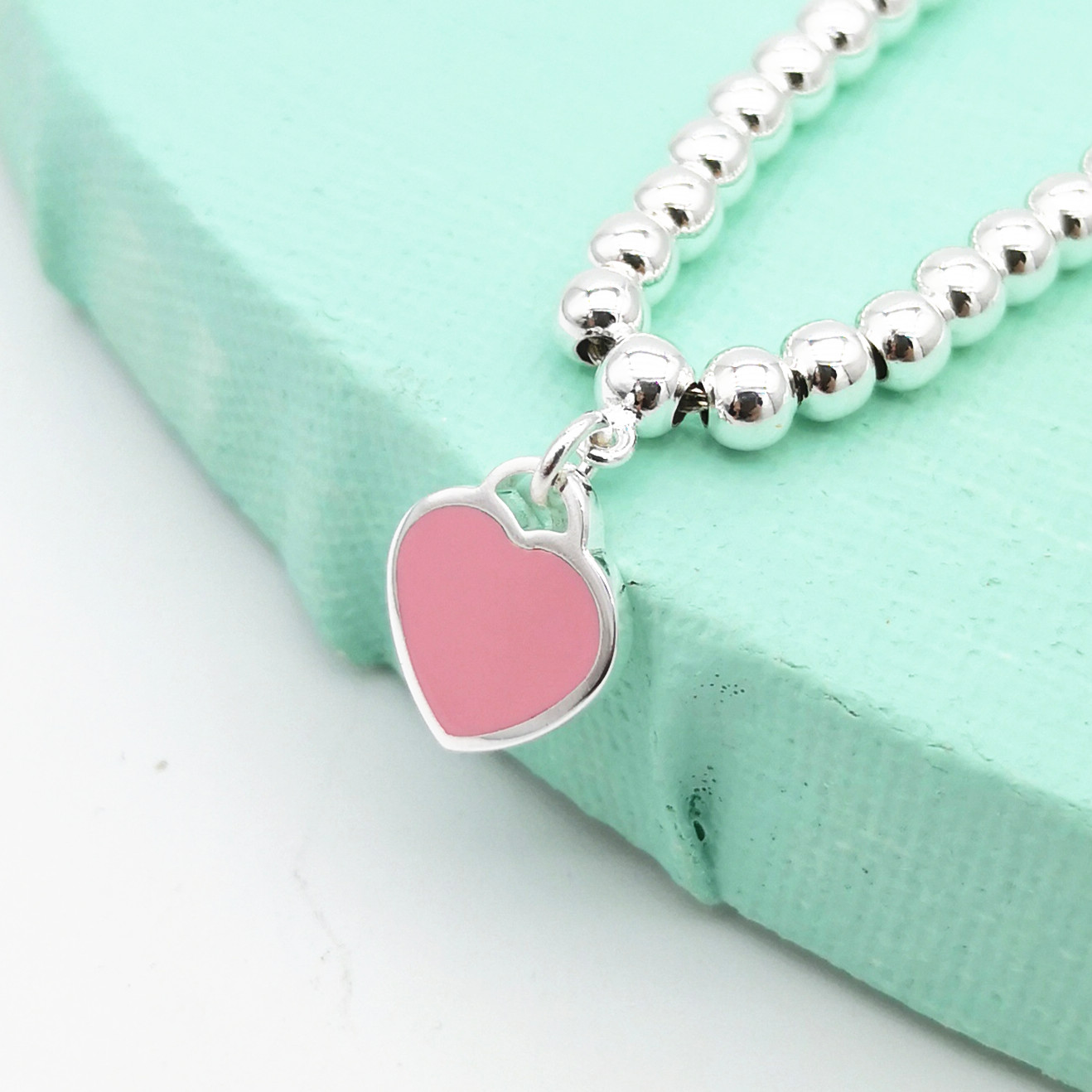 

1 1 sterling silver 925 classic fashion popular pink heart card 4mm round beads ladies bracelet jewelry holiday gifts
