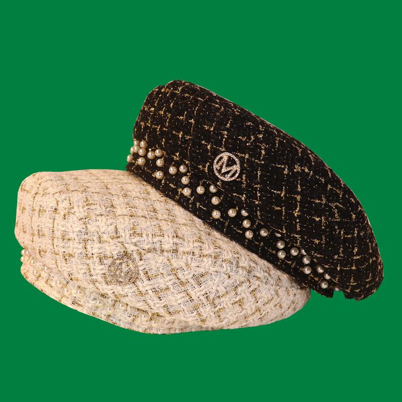 

Berets French British Retro Temperament Pearl Beret Hat Female Tide Korean Version Of Autumn And Winter Plaid Tweed Eaves Painter, Blue;gray