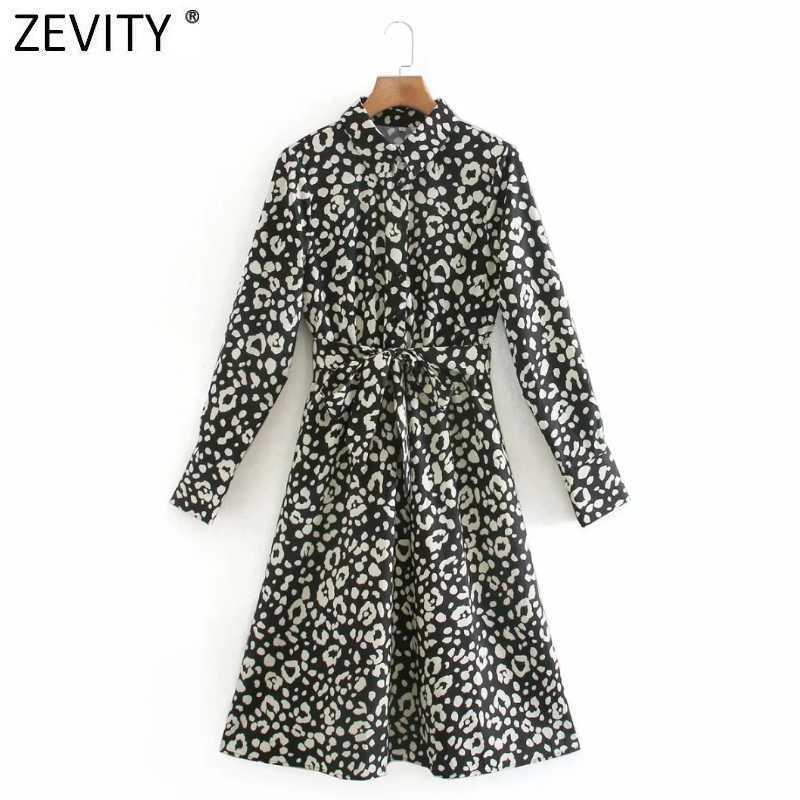 

Zevity Women Vintage Leopard Print Breasted Sashes Shirt Dress Office Ladies Long Sleeve Business Vestido Casual Dresses DS4782 210603, As pic ds4782ld