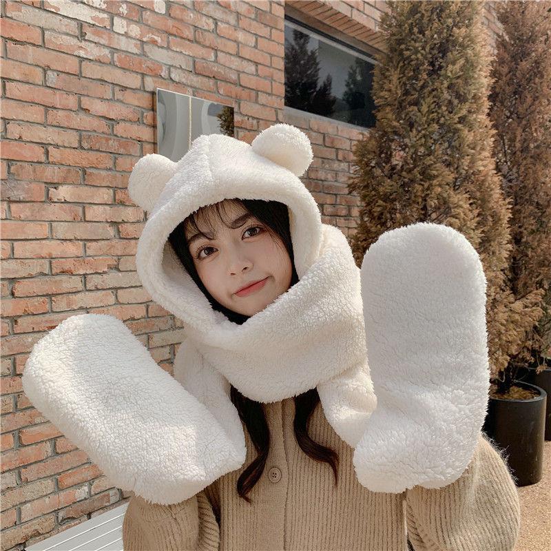 

Berets Winter Hats For Women Children's Hat Warmth Thickening Tweed Neck Care Equipped With Gloves, Army green