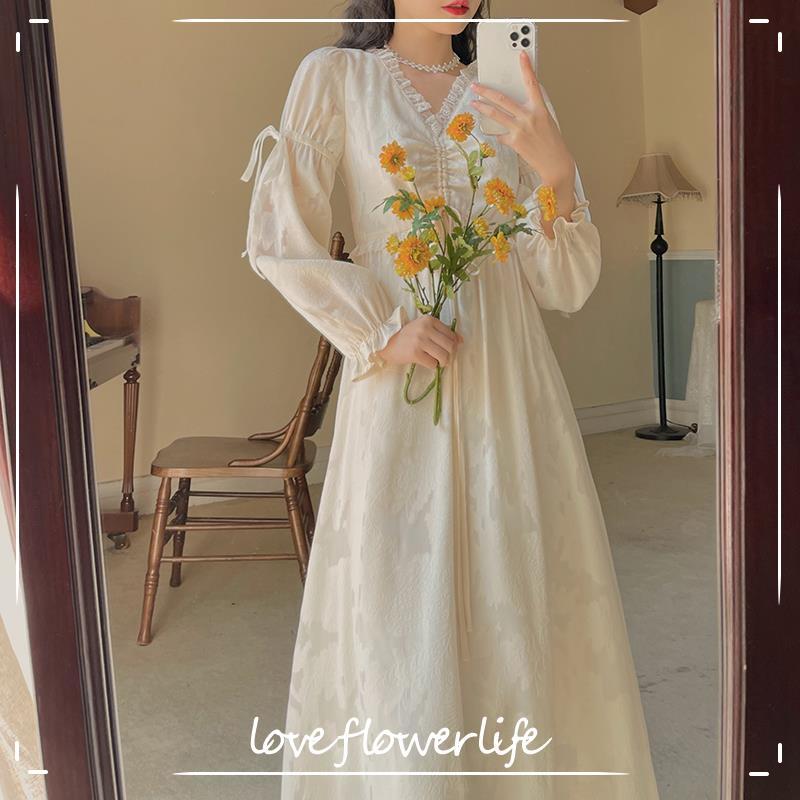 

Summer Chiffon Elegant Dress Women Long Sleeve Solid Vintage Dress Evening Party for Females Dress Korean V-Neck 210521, As picture
