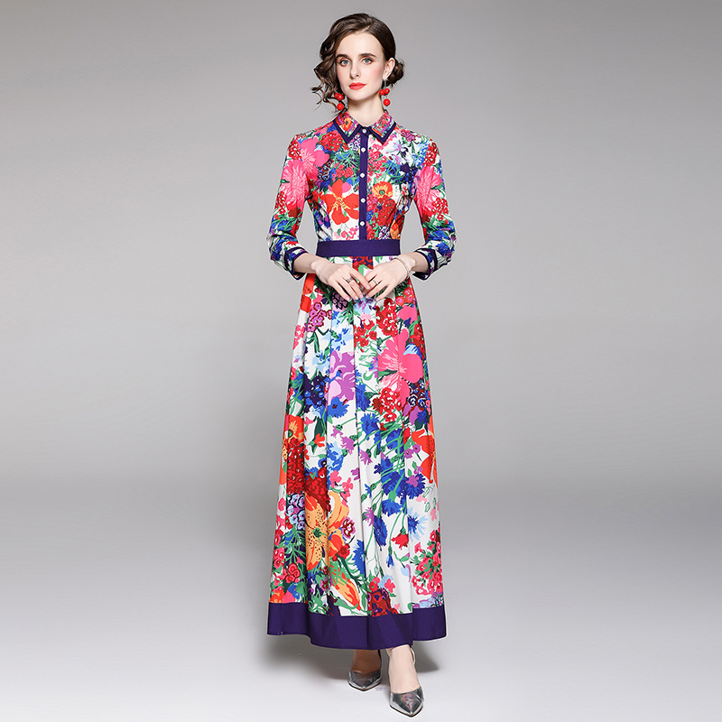 

Luxury Women Runway Floral Maxi Dress 2021 Designer Classic Lantern Sleeve Office Button Front Lapel Slim A-Line Pleated Dresses Autumn Wint, Black;gray