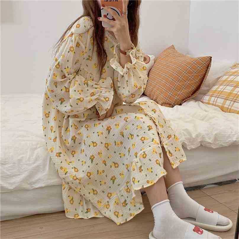 

Floral Printing Cotton Nightdress Sweet Soft Casual Homewear Lace Dress Loose Fashion Pajamas 210525, Photo color