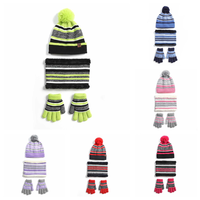 

Fashion Three sets of children's knitted hat scarf velvet and thick gloves