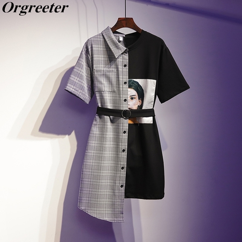 

Shirt Dress Female Plaid Patchwork Character Print With Belt High Waist Irregular Knee-length Dresses Summer Clothing 210525, Black