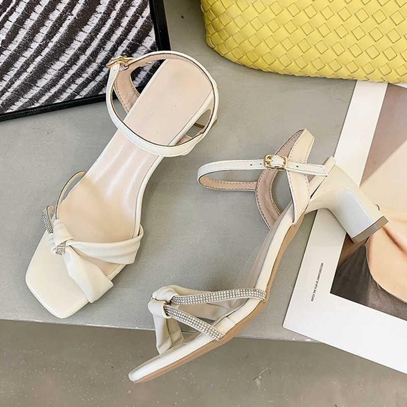 

Sandals 2021 Heels Women Fashion Elegant Office Shoes Woman Pu Leather Rhinestone High Summer Party, Beige