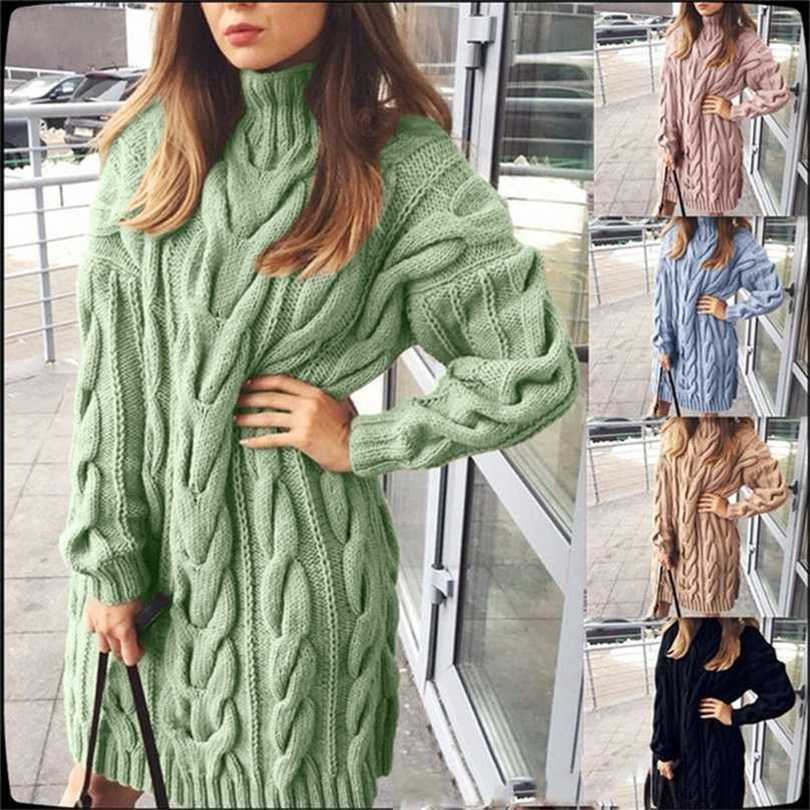 

Sweater Dres High Colar Long Sleeve Pure Color Knitted Pullover Autumn Winter Casual Oversize Sweaters Female Pullovers 211109, Pink