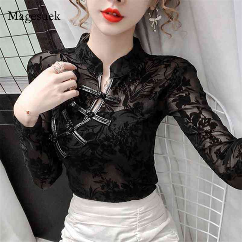 

Hollow Vintage Long Sleeve Sexy Mesh Top Tight See Through Woman's Shirts Autumn Women's Retro Lace Bottoming Shirt 11010 210518, Black