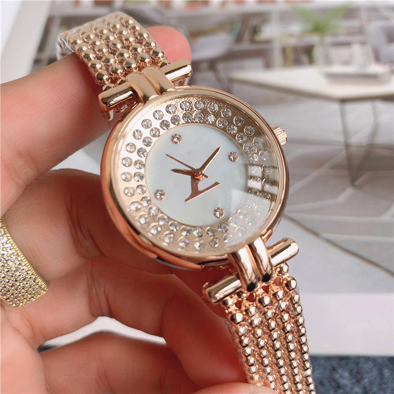

Brand Watches Women Girl crystal Big letters style Steel Band Quartz wrist Watch 52, Rose gold white