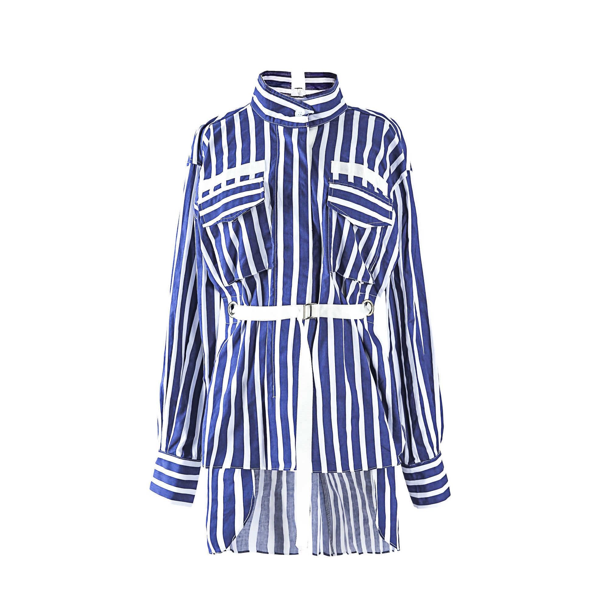 

Spring Fashion Blue and White Vertical Striped Stand Full Shirt Women' Back Belt Top 210615