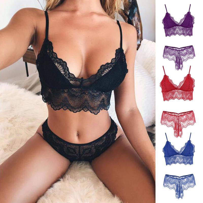 

Bras Sets Women Underwear Sexy Lingerie Lace Bralette Bra And Panty Set Femme Crop Top G-string Transparent Brassiere Party See Through, Wine red m