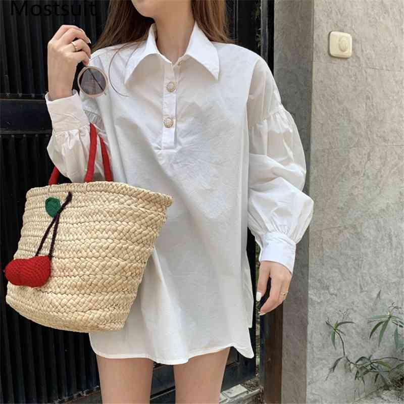 

Korean Solid Fashion Blouses Shirts Women Puff Sleeve Turn-down Collar Pullovers Tops Autumn Casual Holiday Blusas Femme 210518, White