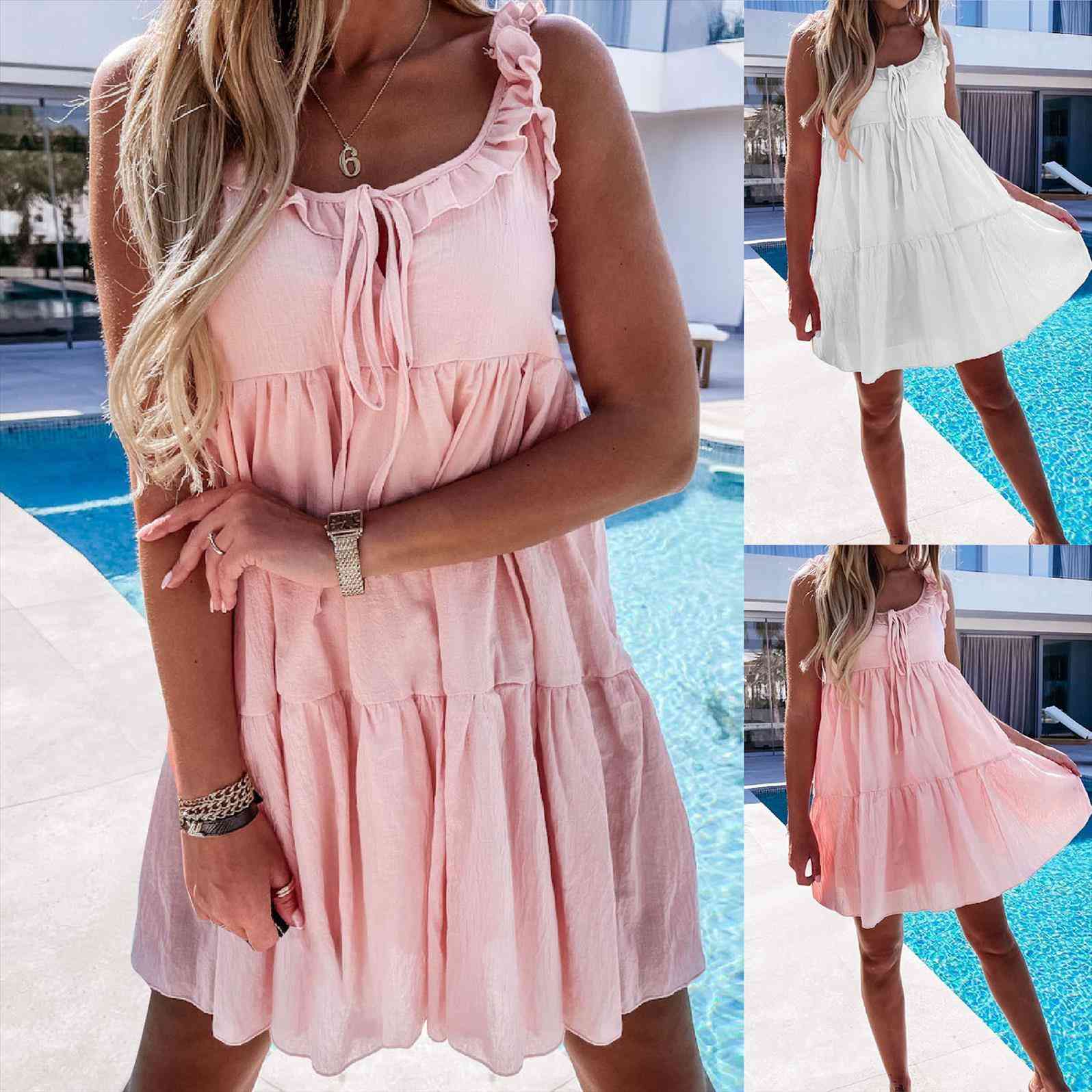 

summer fashion sleeveless lacing women dress sling ruffled casual cake pleated japanese sweet style, Black;gray
