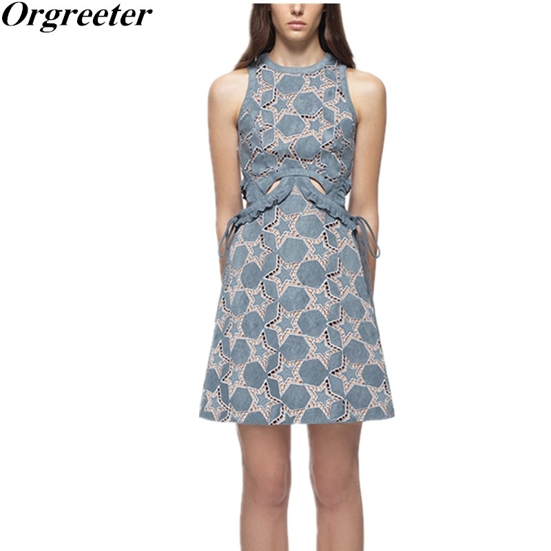 

Self Portrait Dress Summer Women Blue Stars Embroidery Lace Waist Hollow Out Tie up Ruffled Sleeveless 210525