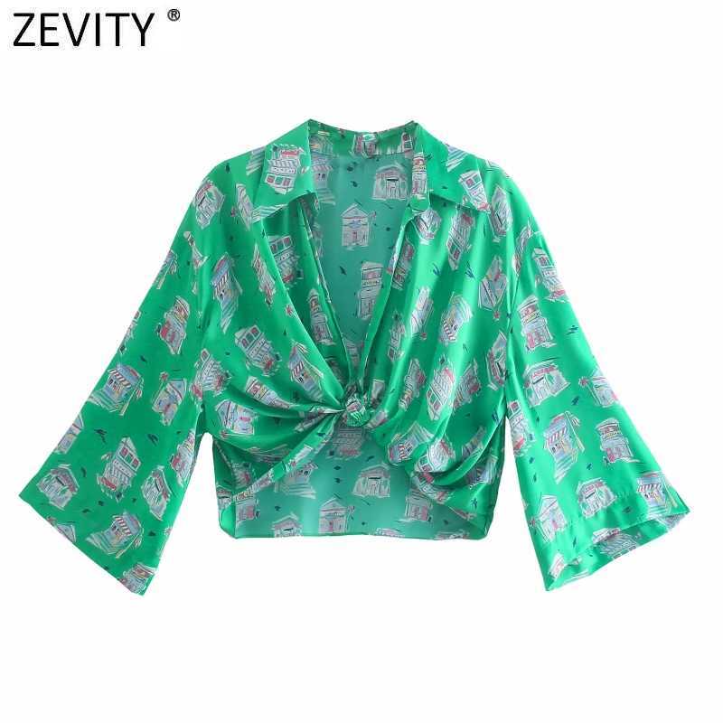 

Zevity Women Fashion Print Hem Knotted Short Kimono Smock Blouse Female Casual Summer Shirts Roupas Chic Crop Tops LS9409 210603, As pic ls9409o
