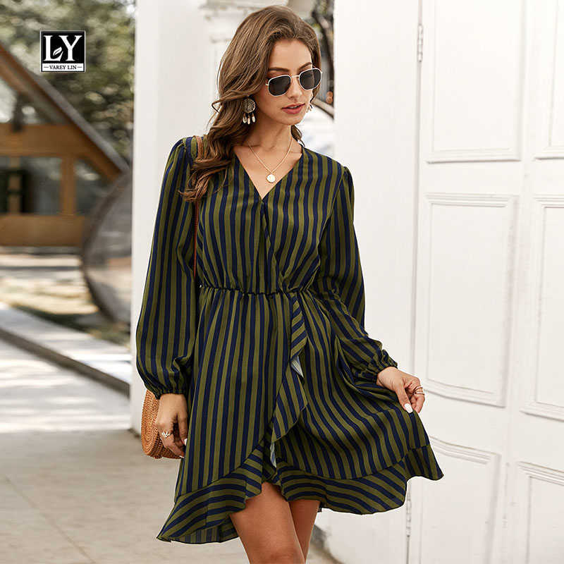 

LY VAREY LIN Autumn Vertical Stripes Dresses Long Sleeve Ruffled Hem V Neck Color Patchwork Fitted Waist Slim 210526, Yellow