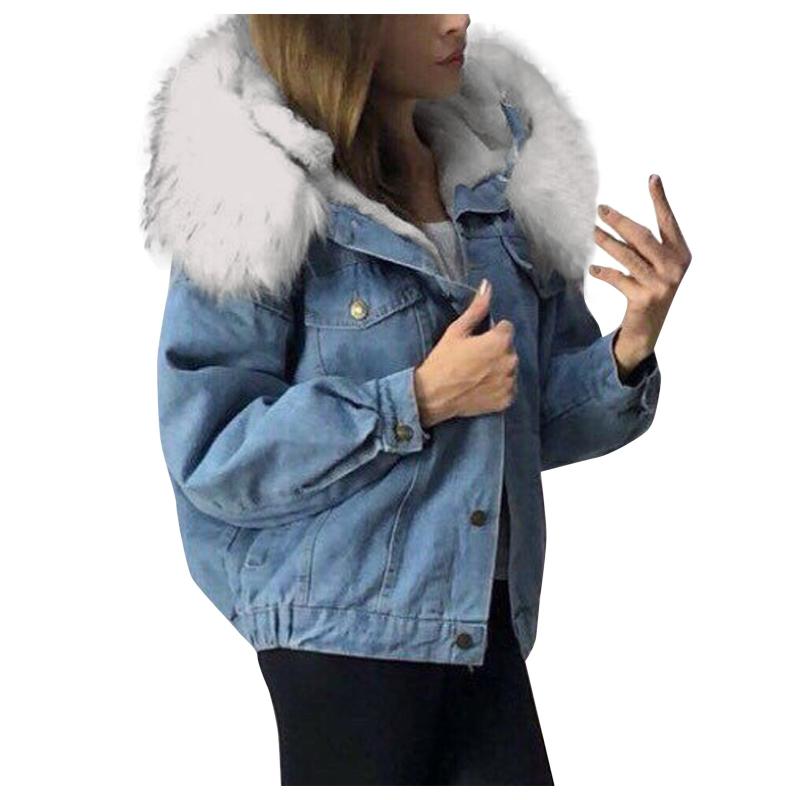

Women's Jackets Winter Warm Denim Jacket Women Faux Fur Collar Long Sleeve Hooded Thickened Student Basic Parkas Female Bomber Coats, Black;brown