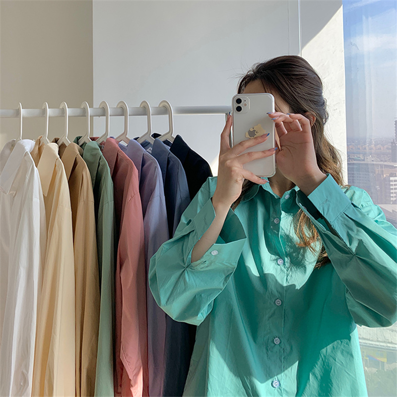 

9colors solid color cotton shirt korean style long sleeve blouses Basic Loose womens tops and blouse 2021 (F4224), White