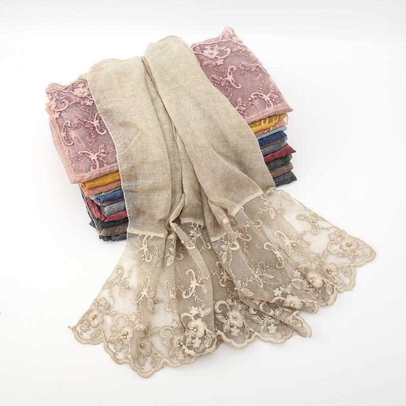 

Scarves Fashion Lace Embroidered Cotton Scarf Hijab Plain Bead Women Muslim Wrap Headscarf Muffler Shawls 190*80cm 20pcs/lot