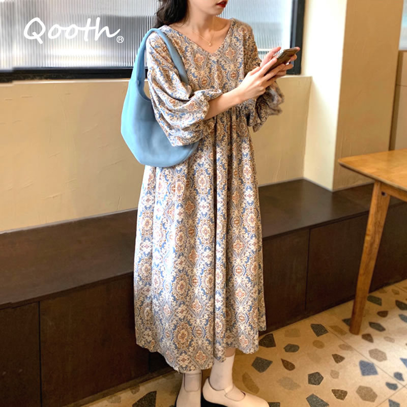 

Qooth Retro Printed Floral V-Neck Dress Womens Spring Summer Lantern Sleeve Dress Long Sleeve Mid Length A Line Dress QT664 210518, Blue