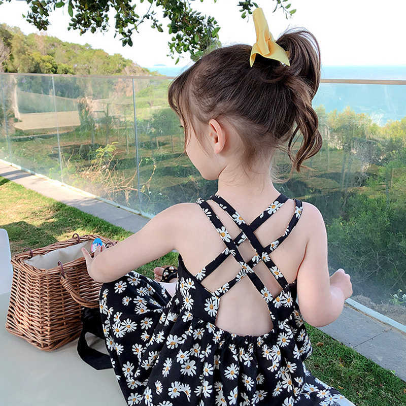 

Summer Baby Girls Daisy Chiffon Dress Korean style Toddler Kids Cute Suspenders Princess Dresses 210615, Floral black