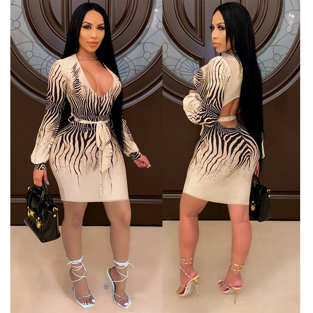 

Women Long Sleeves Deep V Neck Open Back Print Short Dress Clubwear Bodycon US, Black;gray