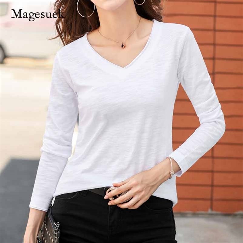 

Autumn Korean Style Women' Blouse Long Sleeve T-shirt Cotton Bottoming All-match Large Size V-neck Blusas Mujer 10798 210518, Black