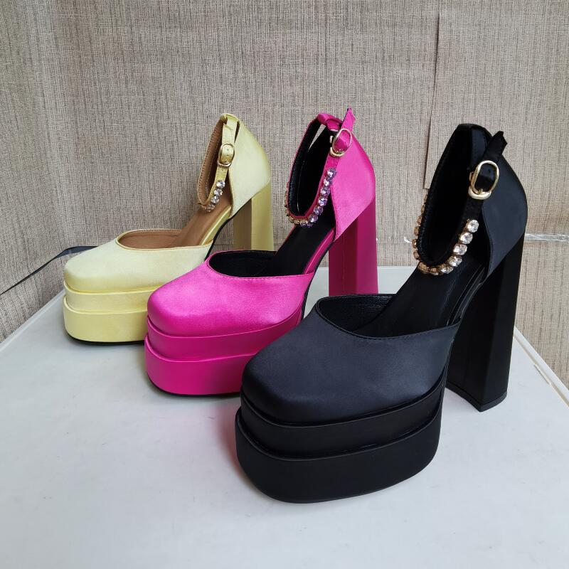 

women Ladies leather super 15cm high heel shoes 4.5cm platform pumps silk satin diamond polyurethane bottom sexy dance party wedding buckle Dress marry jane size 35-43, Red