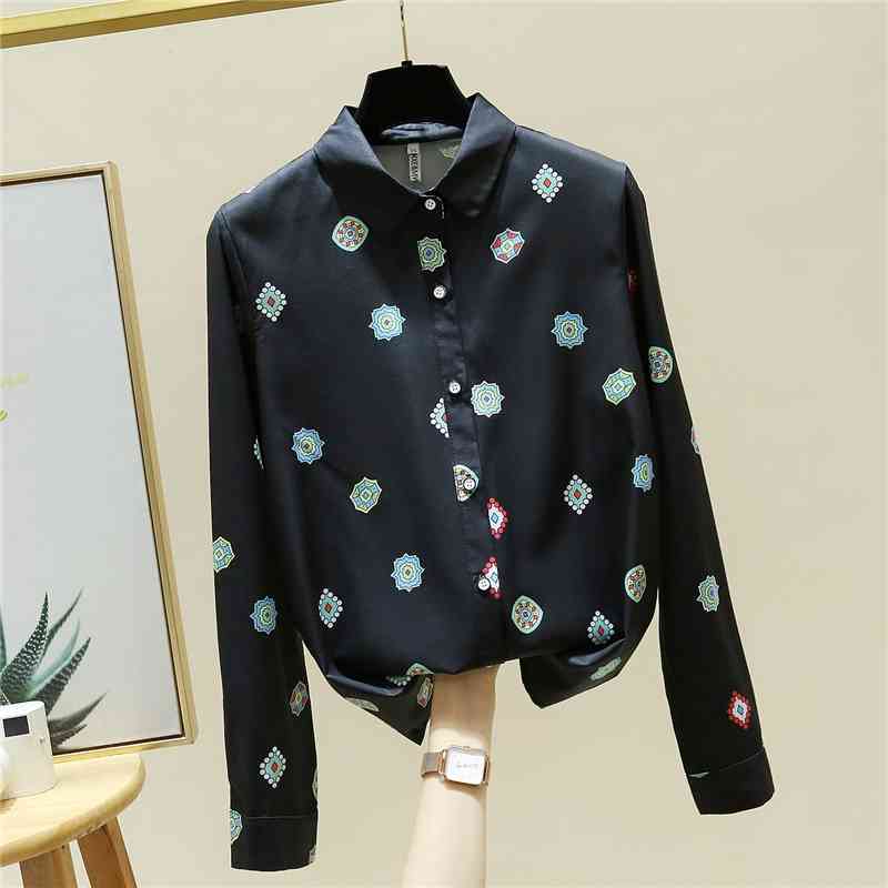 

Autumn Fashion Women's Long Sleeves Turn Down Collar Retro Print OL Shirts Female Office Ladies Shirt Blouse Tops A4033 210428, Beige