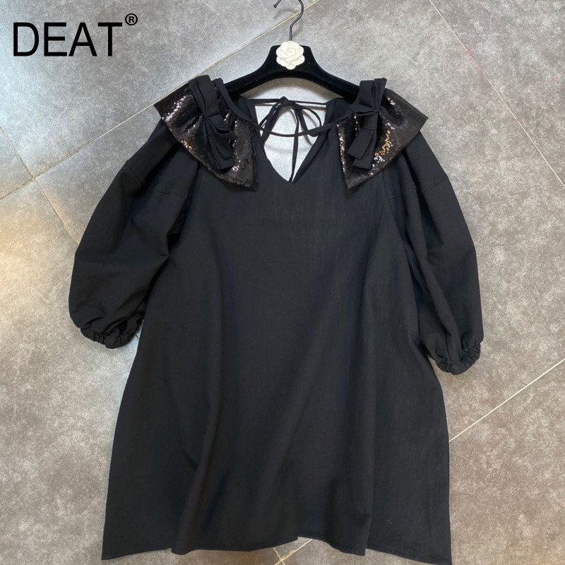 

Women Dress Fashion Spring Summer Ladies V-neck Puff Sleeve Bowtie Loose HR420 210525, Black