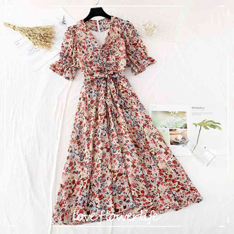 

Vintage V-neck Bandage Dress Summer Women Floral Print Long Chiffon Dress Female Short Sleeve Pleated Vestidos 210521, Floral coffee