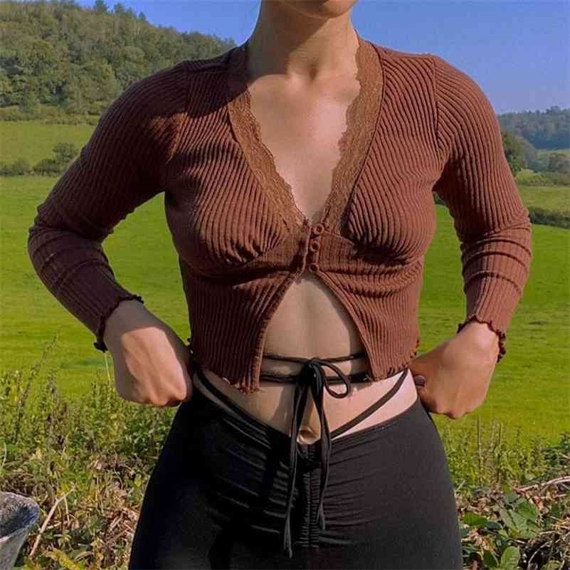 

Sweet Deep V-neck Lace Trim Crop Tops Fashion Slit Hem Long Sleeve Brown T-shirts Vintage 90s Aesthetics Top 210518, Burgundy