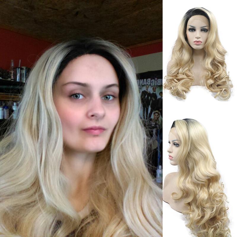 

Synthetic Wigs Lace Front Wig Cosplay Frontal Glueless Hair Curly Body Wave Blonde Ombre With Dark Black Roots For Women Lilita, As pic