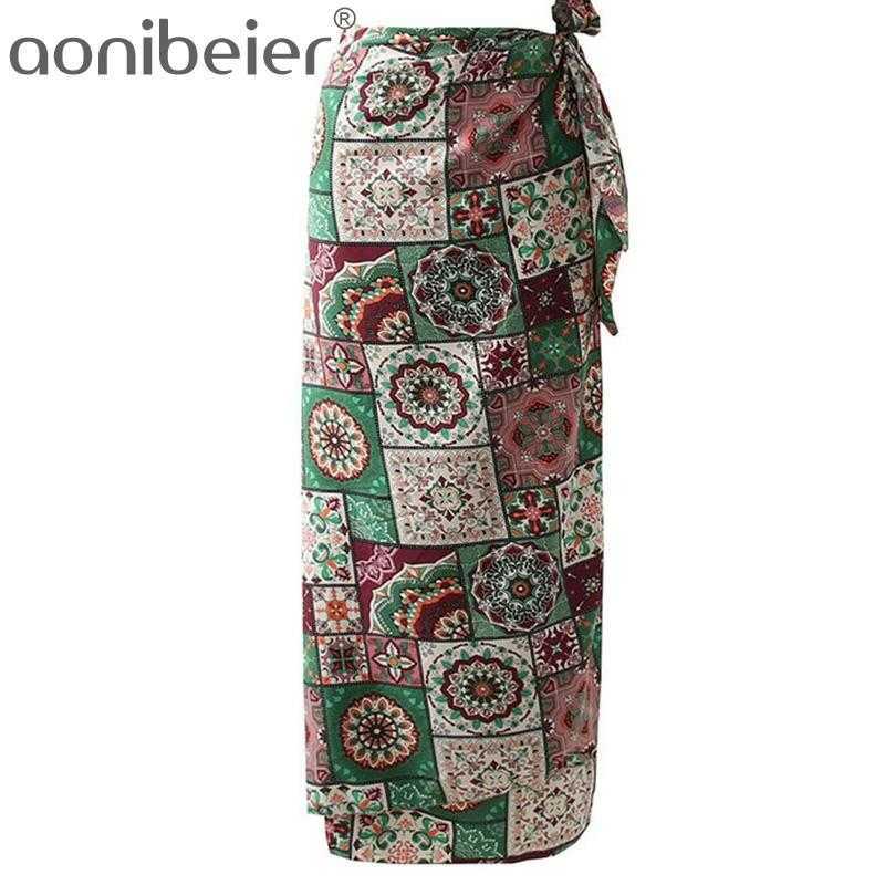 

Vintage Print Summer Casual Beach Wear Long Maxi Skirt Lace-Up High Waist Ankle Length Women Wrap Pencil Female 210604, 01