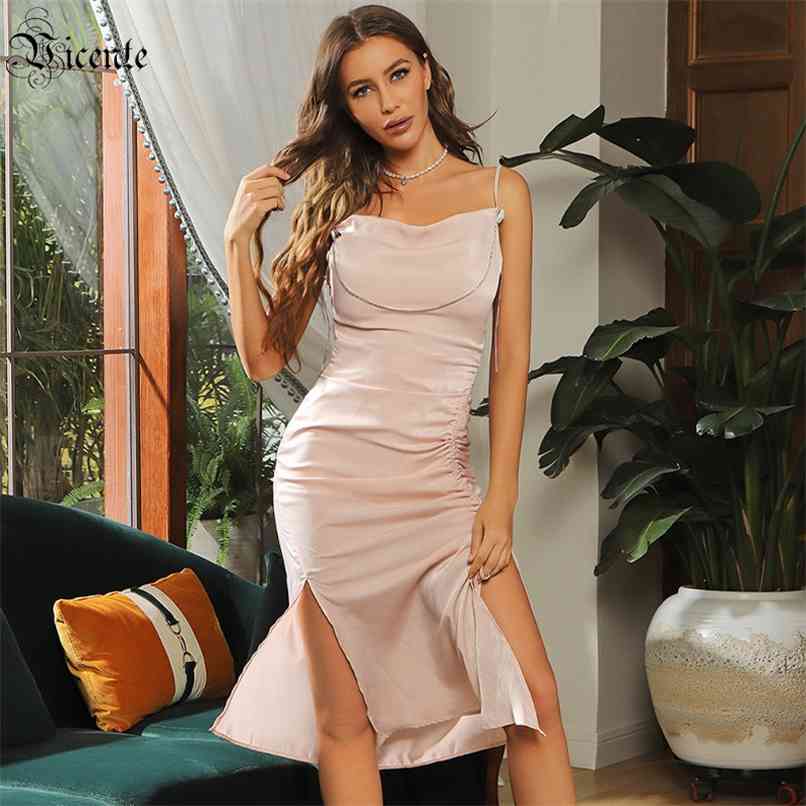 

Women Dress Celebrity Party Diamond Chain Design Pink Sling Mid-length Satin 210520