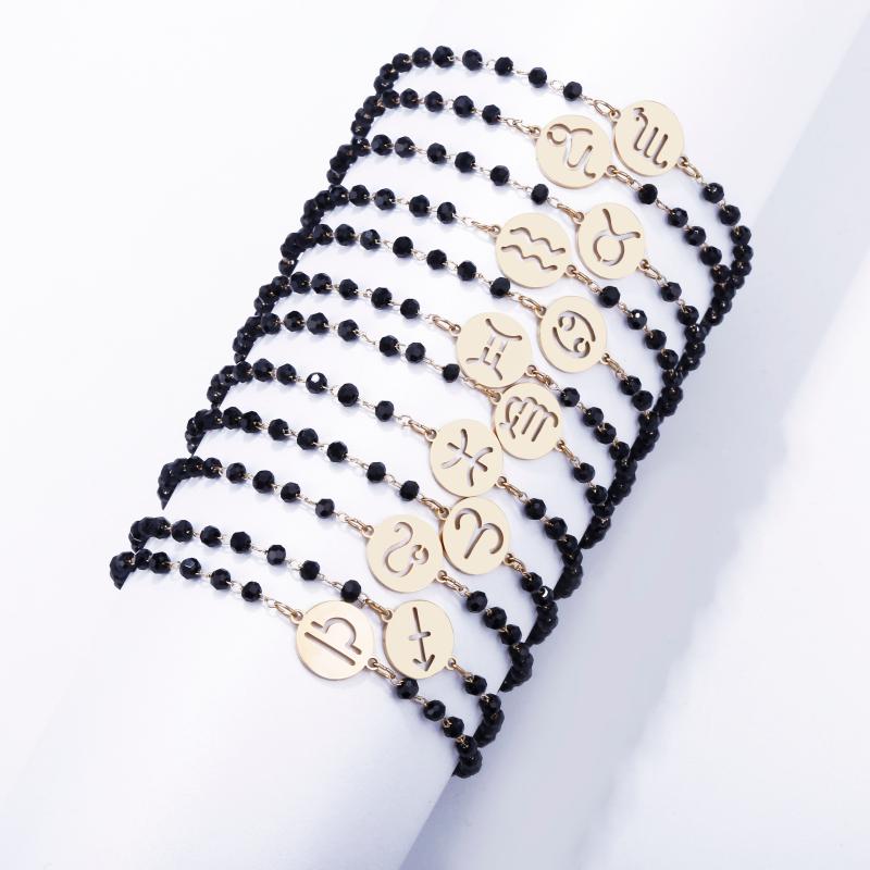 

Charm Bracelets 12 Constellation Couple For Women Men Stainless Steel Bracelet Black Crystal Beads Chain Jewelry Accessory 2021