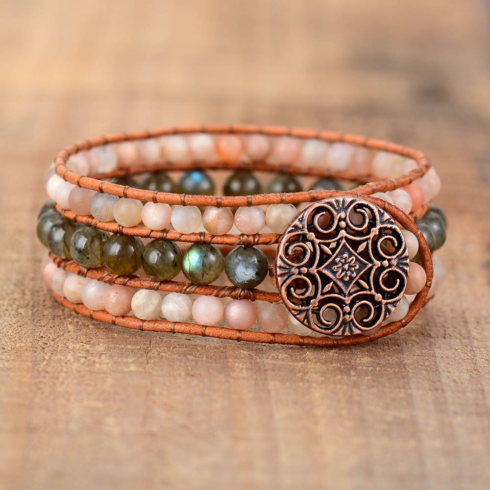 

High End Cufff Bracelet Jewelry Handmade Sunstone Labradorite Vintage Leather Wrap Bracelets Bohemian Gypsy Bangles Braceletsg