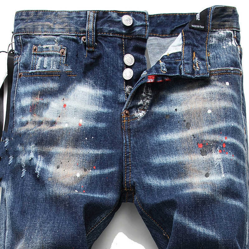 

Fashionable Designer D2 Men's Skinny Feet Jeans Ripped fashion Paint Splattered Retro Blue streetwear Beggar high quality dsq Jean