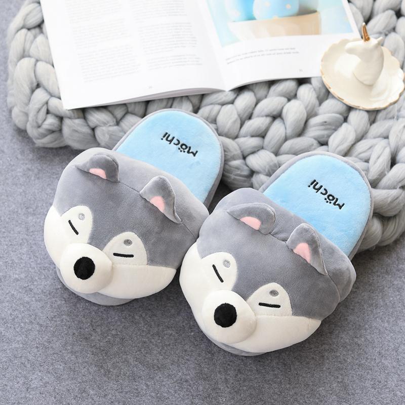 

Women Home Shiba Inu Slippers Winter Warm Shoes Husky Slip On Flats Slides Female Animal, Black