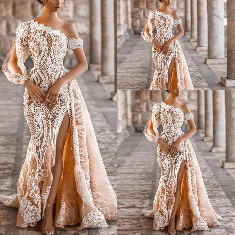 

2021 Champagne One Shoulder Mermaid Wedding Dresses Formal Bridal Gowns Thigh Slits Long Sleeve White Lace Appliques Overskirt Detachable Train Beach Plus Size