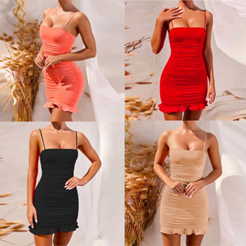 

Casual Dresses Ruffles Spaghetti Strap Dress Sexy Bodycon Mini Summer 2022 Ruched Sleeveless Backless Party Clubwear White Black, Black;gray