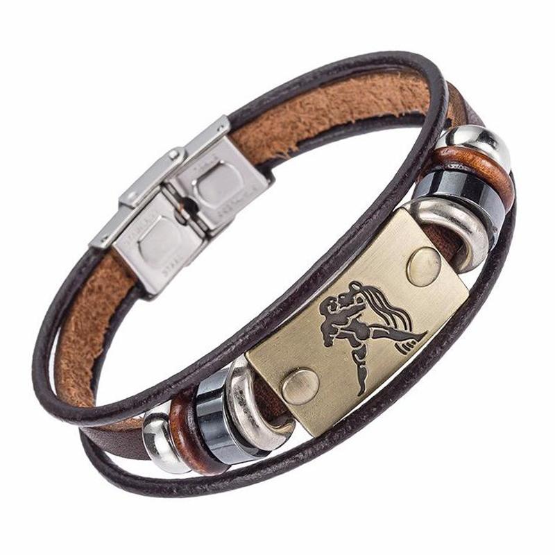 

Charm Bracelets Drop Selling Europe Fashion 12 Zodiac Signs Bracelet With Stainless Steel Clasp Leather For Men 896