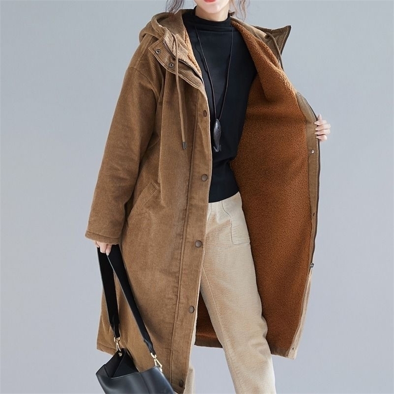 

Women Autumn Winter Faux Fur Coats Parkas Casual Loose Corduroy Female Long Jackets Vintage Thick Lady Warm Slim Hooded Outwears 210517, Brown