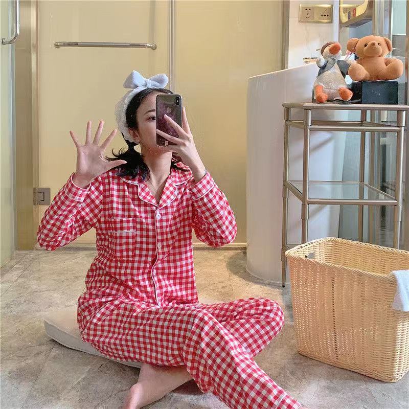 

2021women pajamas set simple printed cute sleepwear casual homewear female pyjamas womens princess elegant soft long sleeve plaid, Black;red