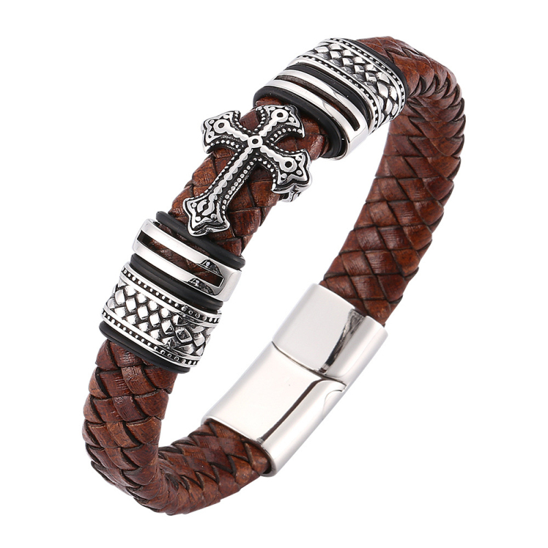 

Retro Silver Plated Cross Charm Magnetic Buckle Bracelet Multilayer Genuine Leather Bracelets for Men