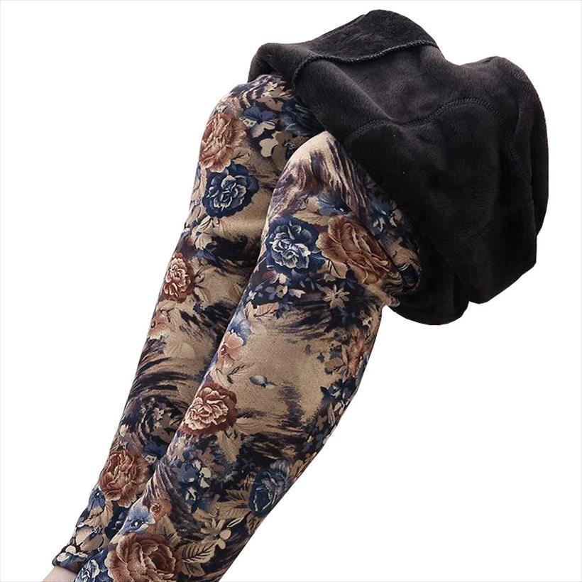 

winter high elasticity plus women capri velvet leggings size fleece trousers flower print pencil pants ok334, Black;white