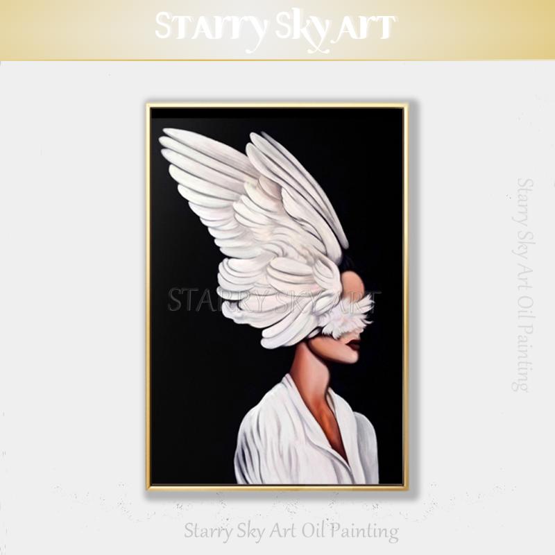 

Paintings Gifted Artist Hand-painted Black Background Beautiful Lady With Wings Oil Painting On Canvas Modern Fine Art For Wall Decoration