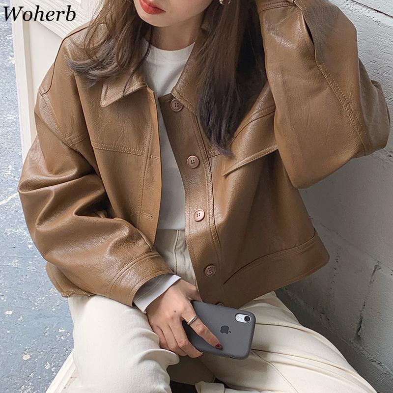 

Women's Jackets Woherb Leather Short Coat Women Korean Chic Retro Cool Turn-down Collar Jacket Autumn Casual Long Sleeve Locomotive Clothing, Black
