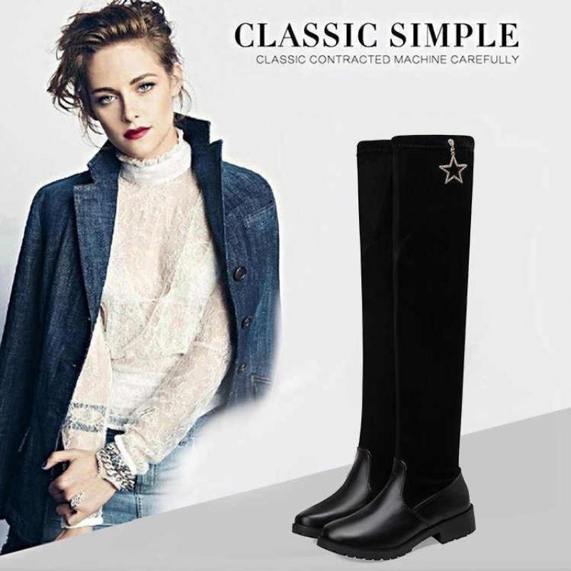 

Boots 2021 Winter Elastic Leather Suede Knee-high Women Fashion Round Head Metal Decorative Women's, Black
