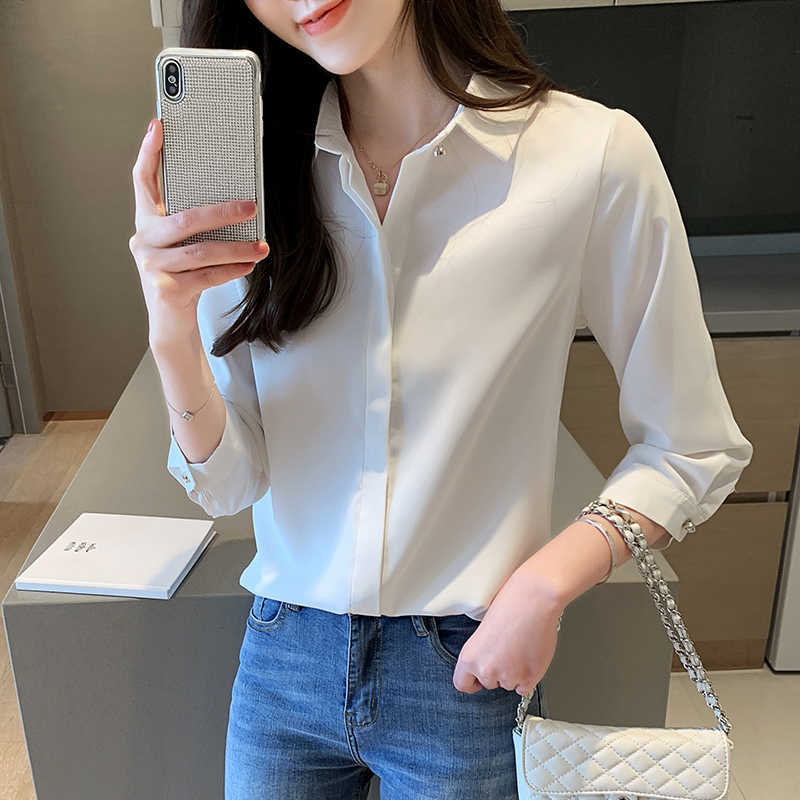 

Korean Women Shirt Chiffon Blouse for Three Quarter Sleeve  Female Top White Patchwork Tops Woman Basic 210604